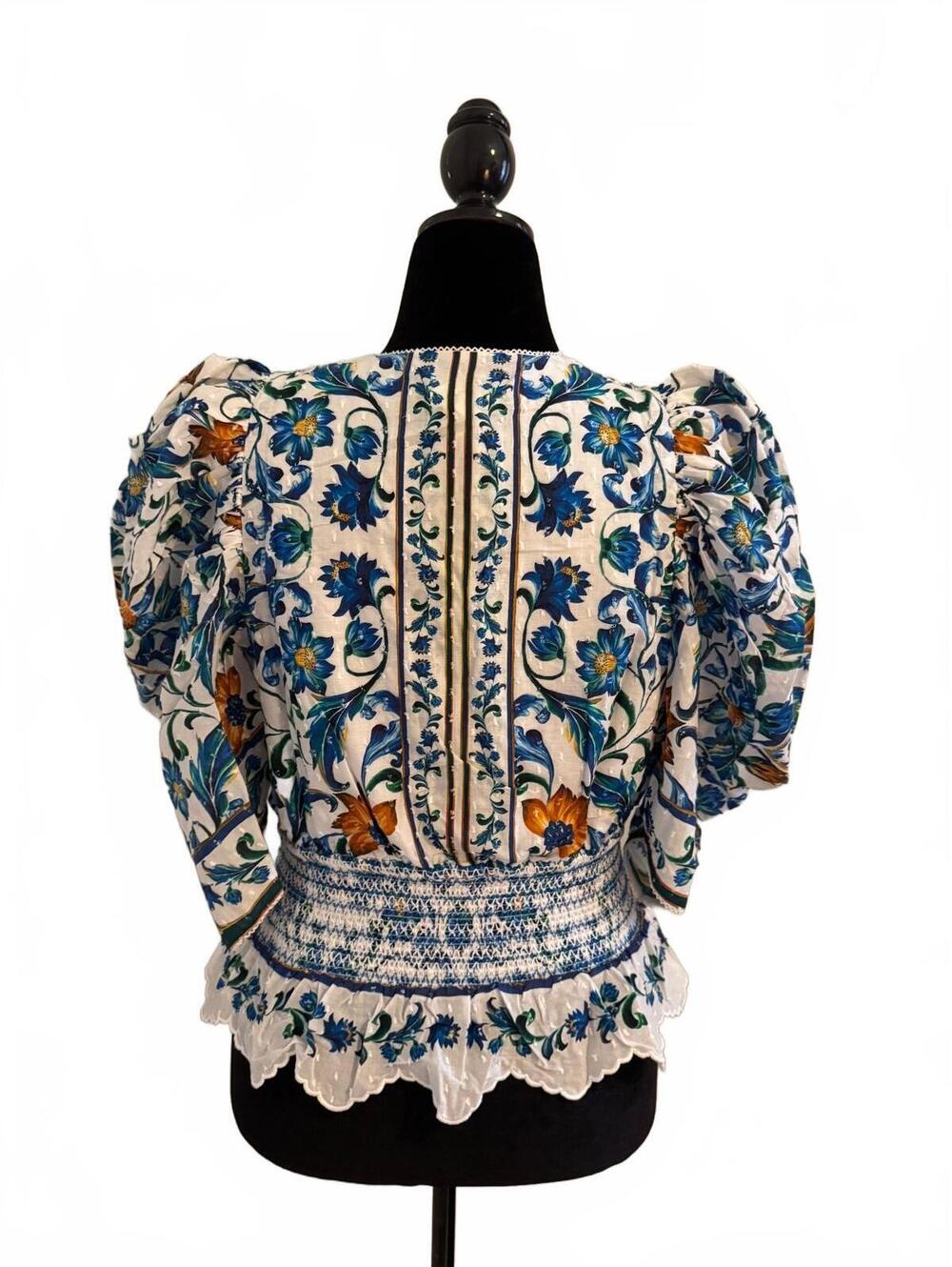 NWT Farm Rio Deep V 100% Organic Cotton Puff Sleeve Blouse Smocked Waist Large - Picture 4 of 8